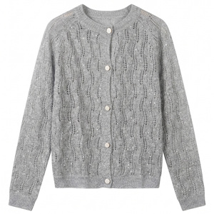 Cardigan <span class=keywords><strong>blanc</strong></span> ajouré élégant pour femme, style français, en maille pointelle, boutonné, pour tenues scintillantes, vente en gros - Product Image 3