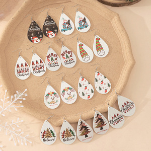 Christmas Teardrop Wood Earrings With Santa And Tree Patterns <b>Drop</b> Earrings For Girls Gift - Product Image 1