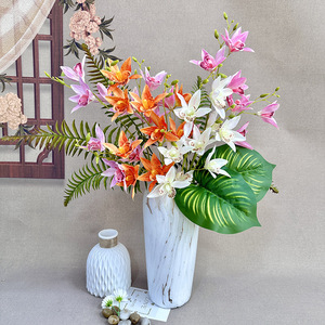 Arrangement floral artificiel d'orchidées à 3 branches Queyiyi Flowers pour la décoration de la maison, accessoires de mariage, blanc, rose, orange, vert - Product Image 1