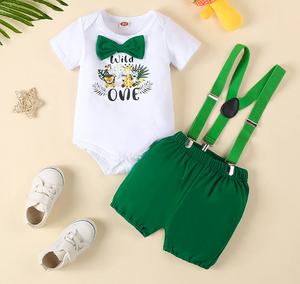 Ensembles de tenues d'anniversaire pour bébés garçons : Barboteuse à imprimé animal avec cravate et short à bretelles en Y – Vêtements pour le premier anniversaire et la cérémonie de gâteau - Product Image 4