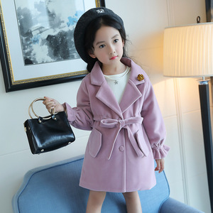 Manteau en laine mi-long pour filles, style décontracté, col à revers, simple boutonnage, manches évasées, ceinture en coton, collection automne-hiver - Product Image 2