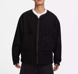 Customizable Logo Men's Crewneck Fleece <strong>Jacket</strong> Soft <strong>Boucle</strong> Texture Zip-Up Outerwear in Black &amp; <strong>White</strong> - Product Image 5