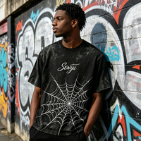 Camiseta de Punto con Estampado de Telaraña Sublimado con Efecto Ácido Vintage para Hombre y Mujer, 260G, 100% Algodón, Corte Regular, Estilo Urbano, Ecológica