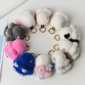 Chaveiro de urso de animais para mulheres, chaveiro fofo de coelho com pompom, bolsa de carro para meninas