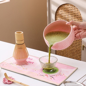 Keramik-Matcha-Tee-Set mit Sakura-Design, 100-Zinken-Bambusbesen (Chasen) & Tee-Tablett, Teezeremonie-Kit in tragbarer Ledertasche - Product Image 4