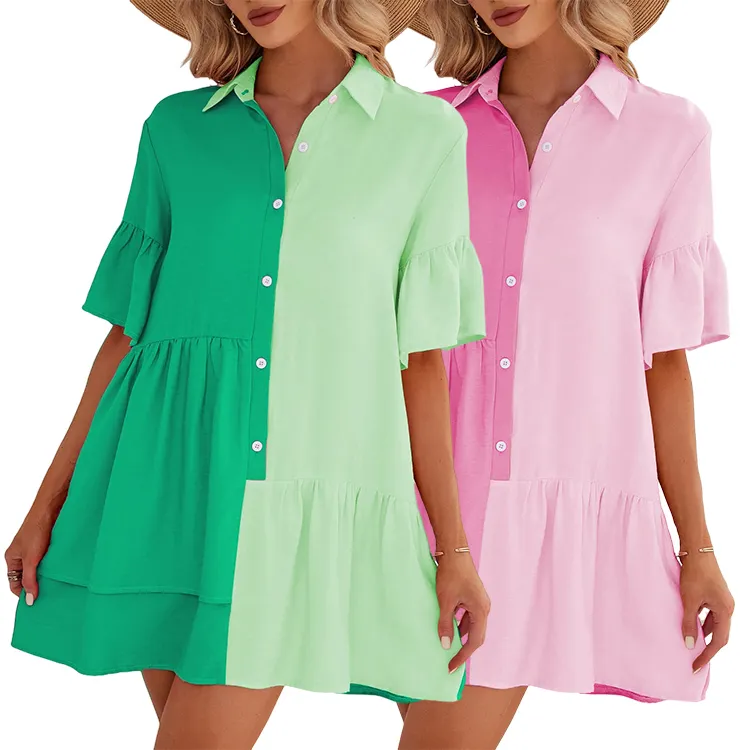 Summer Short Sleeve Button Down Midi Shirt Dress Custom Women Casual Dresses