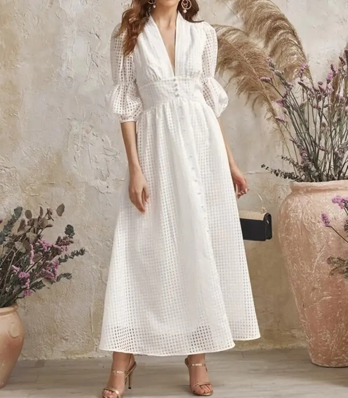 Tatlı beyaz uzun Les Dames Robe bayan Maxi elbise yüksek bel ekose yaz rahat elbiseler kadın elbise OEM hizmeti basit yetişkinler