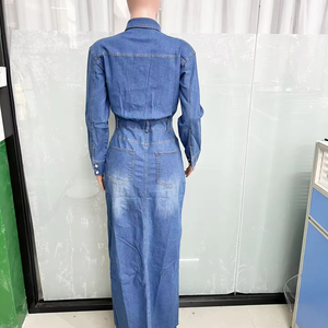 Wholesale New Spring Vintage Tight Waist Denim <strong>Dress</strong> Turndown Collar Button <strong>Dress</strong> Fashion Split Denim Long Denim <strong>Dresses</strong> - Product Image 4