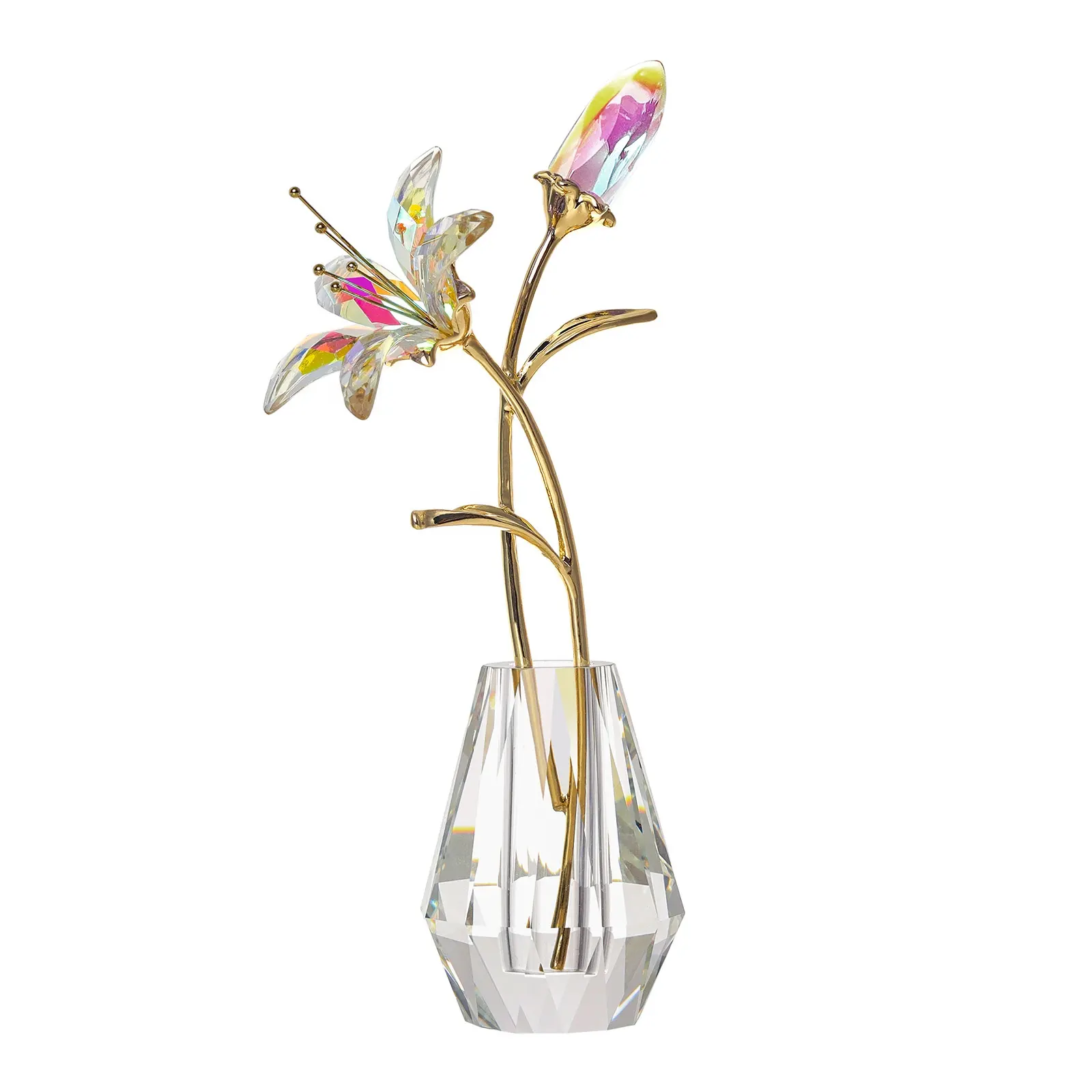 LONGWIN Kristal Bunga Lili Buatan dengan Vas Kristal-AB Coating Kristal Koleksi Figurines Hadiah untuk Hari Ibu