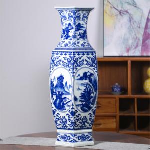 Juego de Jarrones Hexagonales de Porcelana Azul y Blanca, con Diseño de León y Figuras, Jarrones Tradicionales para Decoración del Hogar y Arreglos Florales - Product Image 6