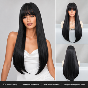Perruque en <span class=keywords><strong>cheveux</strong></span> synthétiques avec <span class=keywords><strong>frange</strong></span>, 24 pouces, noire naturelle avec racines brunes et pointes brunes, perruques naturelles dégradées avec mèches - Product Image 1
