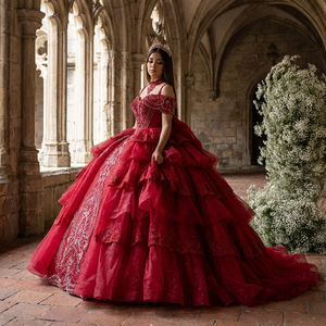 Robe de Quinceañera Rouge Moderne avec Appliques de Paillettes, Longueur Ras du Sol, Traîne Chapelle, Dos Nu, Robe de Bal pour Anniversaire 15/16 Ans, Robe de Princesse pour Concours - Product Image 1