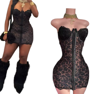 Robe de soirée courte Viviblook Z1230DS pour femme, imprimé léopard, corset, anneau en acier, boucle en os de poisson, coupe ajustée, patchwork - Product Image 1