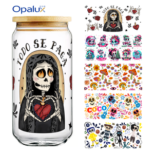 Водонепроницаемая переводная наклейка для стакана-термоса 16 унций в мексиканском стиле День мертвых, мультяшная, прочная, с защитой от УФ-излучения, для холодной печати на ПЭТ - Product Image 1