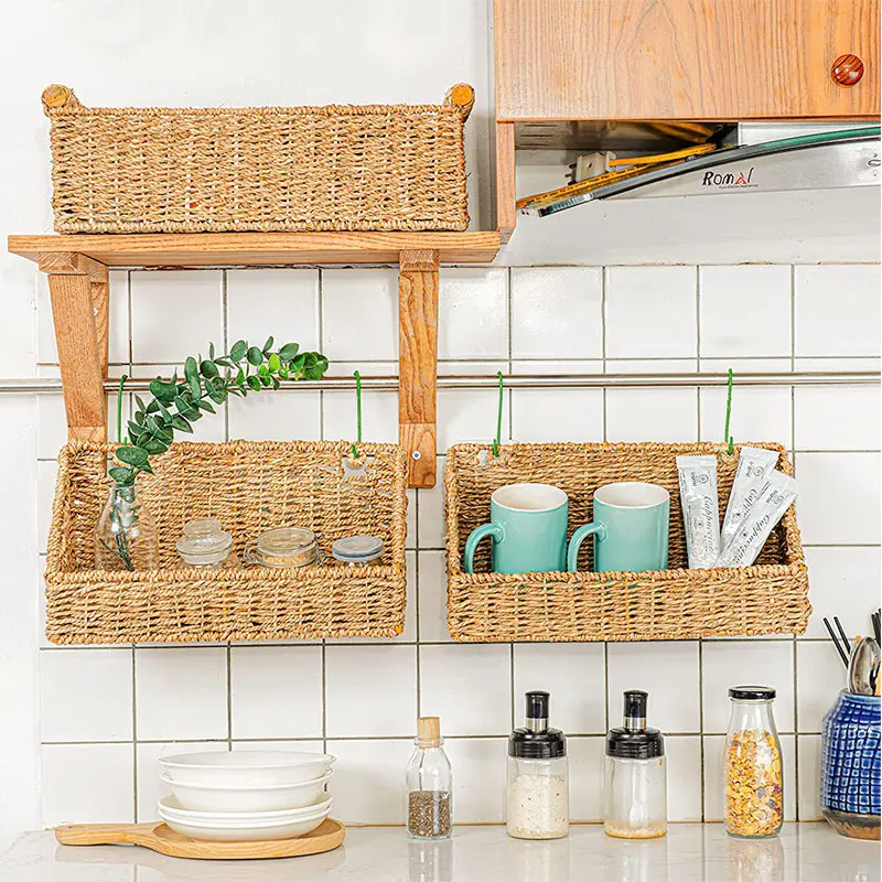 Hand Woven Wicker Decoration And Organizer Basket For Bathroom Living Room Fruit Rattan Seashell Round Serving Tray Baskets
