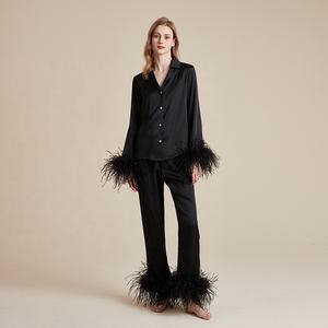 Pantaloni in <span class=keywords><strong>pigiama</strong></span> di alta gamma in seta di ghiaccio completo a maniche lunghe da donna <span class=keywords><strong>con</strong></span> <span class=keywords><strong>polsini</strong></span> staccabili in piuma stile francese - Product Image 3