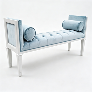 White Solid Wood <strong>Window</strong> Frame End <strong>Bench</strong> Light Blue Velvet Tufted Bed End <strong>Bench</strong> Bedroom <strong>Bench</strong> With Bolster Pillows - Product Image 2