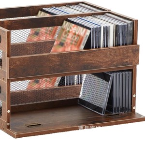 Wooden Record Storage Basket With Handle Rectangle <b>Shelf</b> For Vinyl Cd Dvd <b>Desktop</b> Organization - Product Image 1
