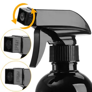 Garrafas de spray para limpeza de carros PET de plástico cilíndrico preto brilhante de 500 ml 16 onças