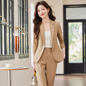 Women's Suit Set Light Gray Three Quarter Sleeve Spring Office Lady Anti-Wrinkle Polyester Worsted Fabric - Product Image 2