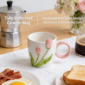 Tazas de Lujo de Cerámica con Diseño de Flor de Tulipán, Estilo Creativo, <span class=keywords><strong>Taza</strong></span> de Café para Oficina, <span class=keywords><strong>Taza</strong></span> con Relieve, <span class=keywords><strong>Taza</strong></span> de Gran Capacidad para Desayuno - Product Image 5