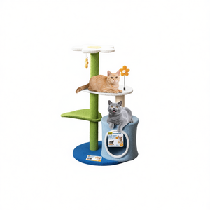 Arbre à chat 34,5 pouces à 4 niveaux avec condo et griffoir pour chats, design floral bleu, en bois écologique - Product Image 1