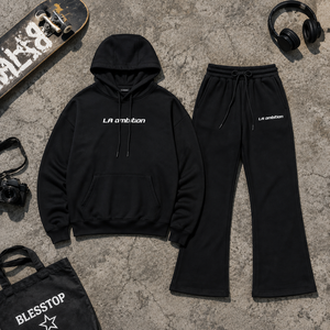 Conjunto de Sudadera con Capucha y Pantalones Deportivos Extra Grandes Personalizados BLESSTOP para Hombre, <span class=keywords><strong>Ropa</strong></span> Deportiva <span class=keywords><strong>Negra</strong></span> Minimalista, <span class=keywords><strong>Ropa</strong></span> Casual <span class=keywords><strong>Urbana</strong></span> - Product Image 2