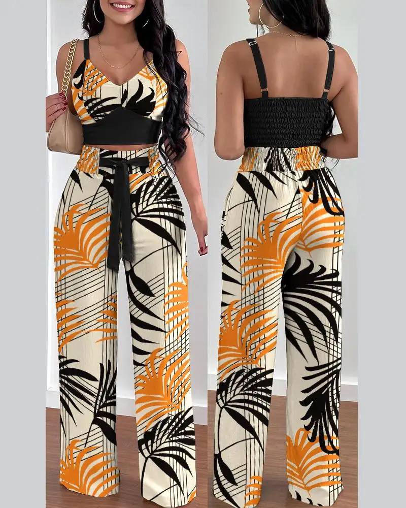 2023 Amazon hot sale Ladies Floral printing Outfits Casual Narrow Strap Top Loose Wide leg pants two pieces set for women