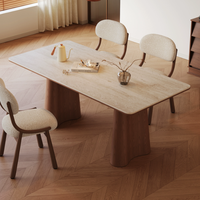Table à manger rectangulaire en travertin : style vintage, haut de gamme, bois massif, couleur noyer, pour usage domestique