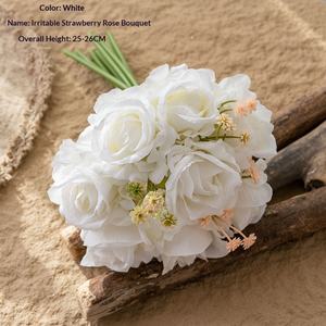 ช่อดอกกุหลาบสตรอว์เบอร์รีสีแดงเข้ม ดอกไม้ประดิษฐ์ ตกแต่งงานแต่งงาน ช่อดอกไม้ติดผนัง ดอกไม้ปลอม ของตกแต่งบ้าน - Product Image 6