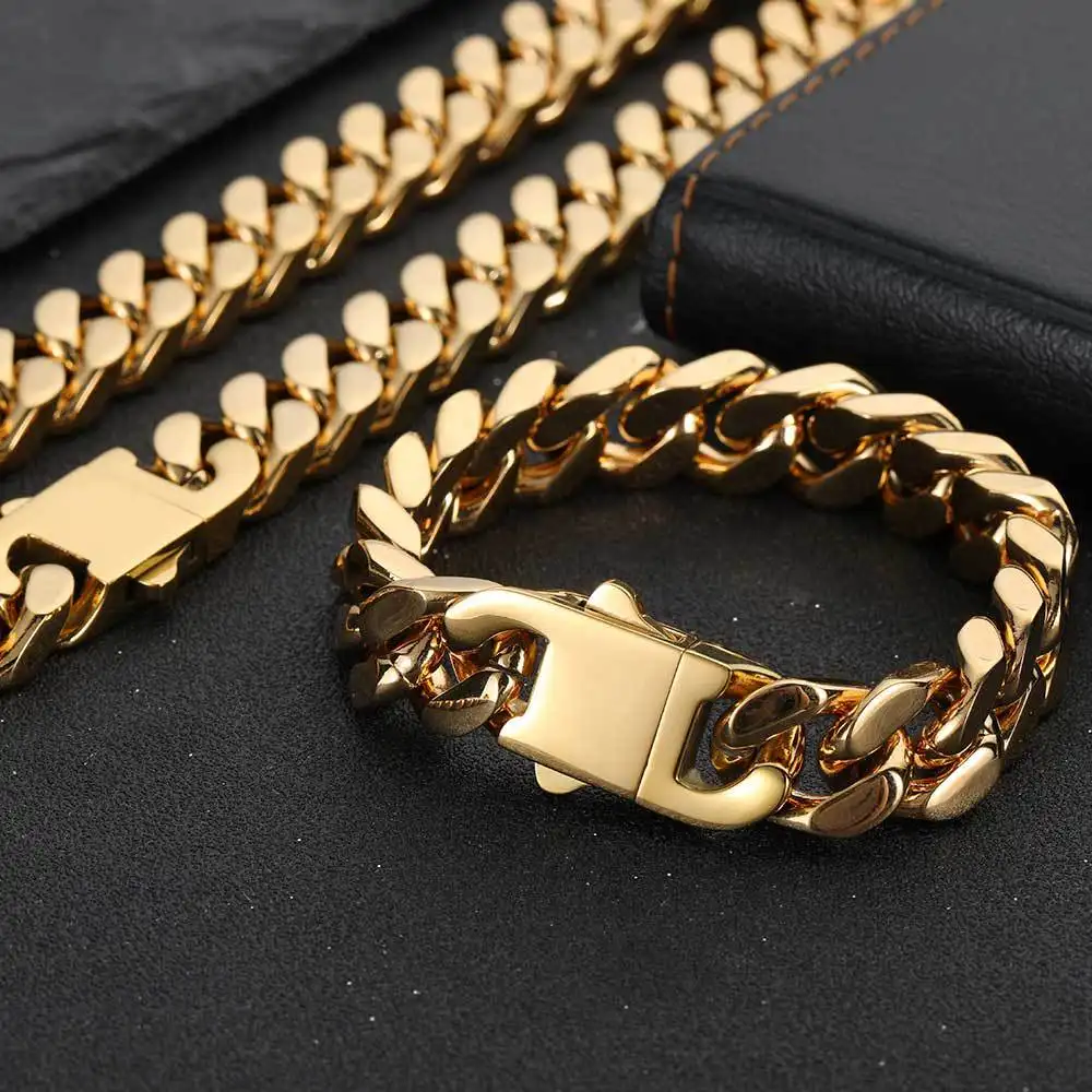 12mm Hip Hop Gold Plated Jewelry Wholesale Stainless Steel Cuban Chain Gold Necklace Bracelet Men 18K Gold Bracelet For Men