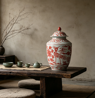 Pot en porcelaine rouge traditionnel chinois à motif floral de paon, avec couvercle, peint à la main, en céramique, pot à gingembre, ornement pour la maison