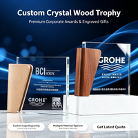 Placa de Trofeo de Cristal Personalizada con Madera de Haya, Logotipo Grabado con Láser, Trofeo de Cristal Transparente para Reconocimiento de Empleados Corporativos