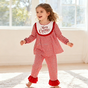 Ingrosso Inverno Abbigliamento Bambina di Natale Set con lettera di ricamo a quadri rosso modello ragazze 2 pezzi - Product Image 1