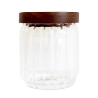 Boîtes de conservation en verre à grain vertical ondulé en gros, boîtes de conservation en verre pour grains de café avec couvercle en bois, boîtes de conservation en verre pour la maison