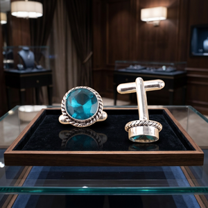 Boutons de manchette artisanaux en apatite bleue, sertis de pierres précieuses, en argent sterling 925 plaqué, pour hommes et femmes. - Product Image 5