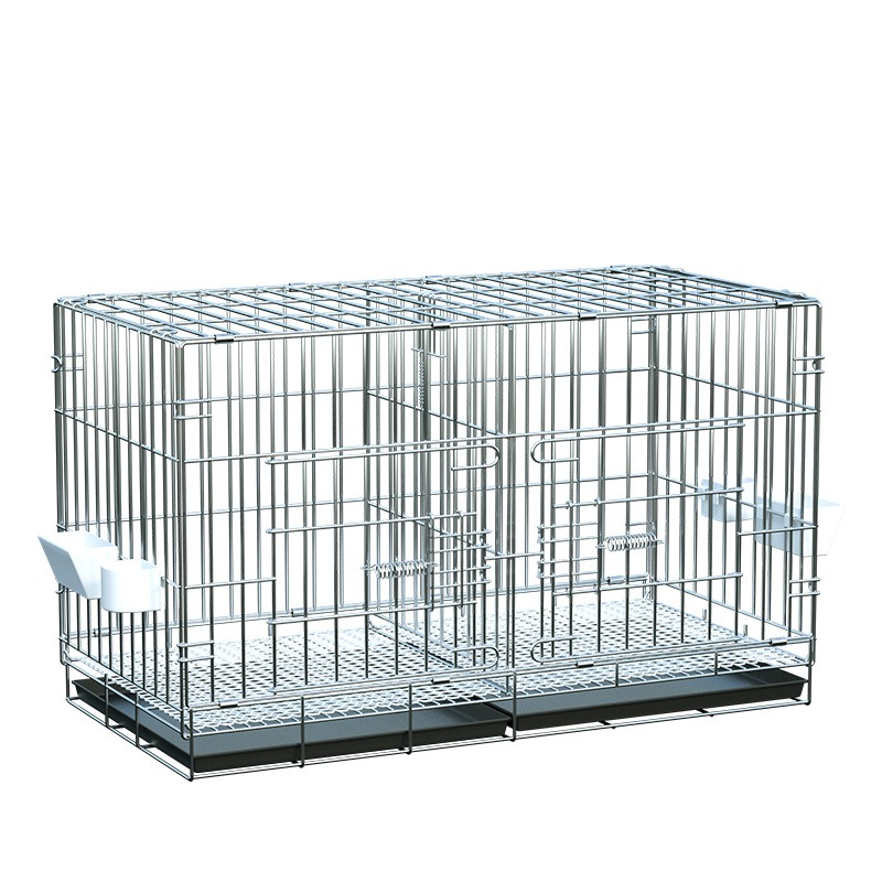 Metal silver cage+fecal tray+tableware and water dispenser