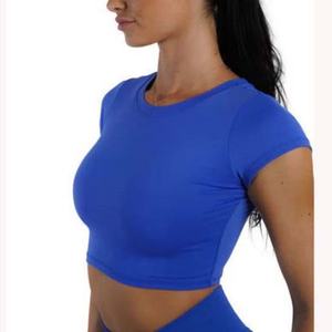 T-shirt court blanc pour femmes en gros, haut décontracté, impression sur écran, nylon/spandex, haut court ajusté, style hip-hop - Product Image 5