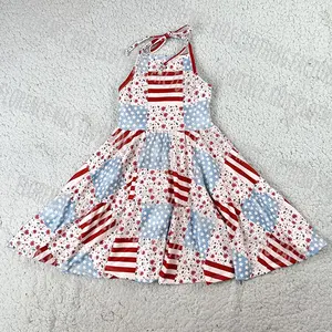 DH OEM 4th Of July Latest Backless Halter Twirl Dress For Toddler Girls Summer Dresses