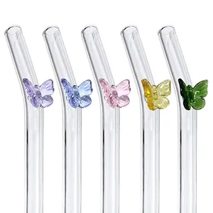 Wieder verwendbare Strohhalme Bunte Blume New Drinking Custom Party begünstigt Bar Zubehör Glaswaren Boro silikat Straight Bent Glass Tube