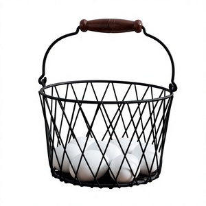 Panier de rangement décoratif en fil métallique avec poignée en bois, style rustique moderne, pour décoration intérieure, centre de table de salon - Product Image 1