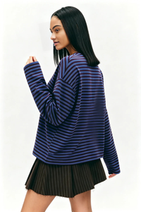 T-shirt in cotone 100 <span class=keywords><strong>a</strong></span> maniche lunghe Casual con girocollo personalizzato OEM da <span class=keywords><strong>donna</strong></span> blu <span class=keywords><strong>a</strong></span> strisce Colorblock Pullover <span class=keywords><strong>a</strong></span> maniche lunghe t-shirt top - Product Image 3