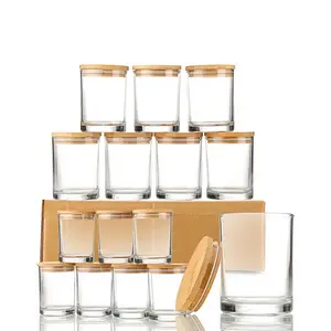 Rỗng bán buôn 10oz rõ ràng Glass Candle Jar tàu container với nắp tre cho nến làm và quà tặng