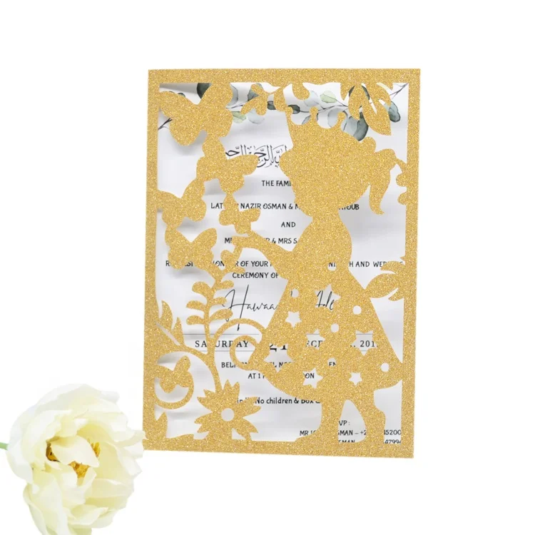 Holy communion laser cut glitter gold baby shower invitations for girls communion centerpieces