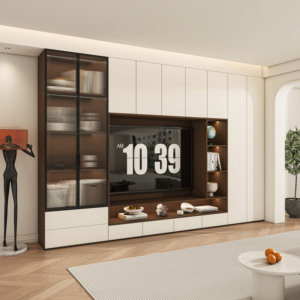 Meuble TV en bois LED au design moderne, meuble de luxe pour le salon, unité de divertissement murale - Product Image 4