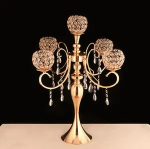 Centro de mesa de lujo para boda, 5 brazos, metal alto, dorado, candelabro