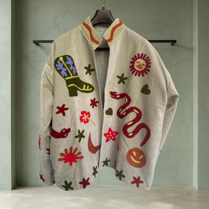 Velvet Embroidered <b>Reversible</b> Mandarin Collar <b>Jacket</b> Side Pockets for Ladies Pistachio Quilted Varsity Boho Styles One Size - Product Image 3