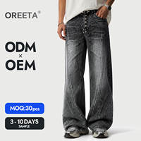Jean large gris pour homme avec logo personnalisé, multi-boutons, empiècements contrastants, denim délavé vintage, streetwear OEM ODM