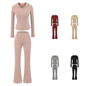 Ensemble décontracté en coton pour femmes, veste en tricot unie à fermeture éclair intégrale et pantalon évasé à revers aux genoux, 2 pièces - Product Image 1