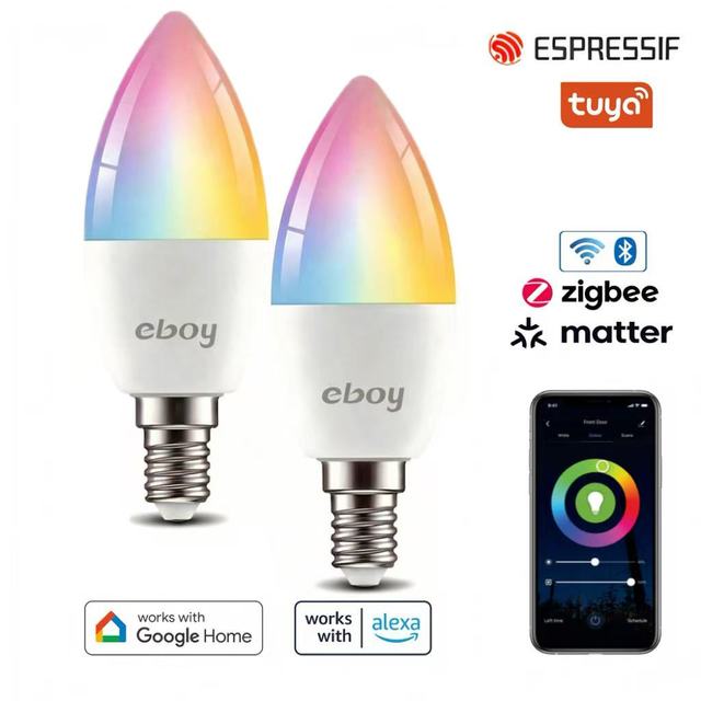E14 C37 RGBCW 4.9W 470LM Tuya WIFI Zigbee for Alexa Google App Control Dimmable Candle LED Light Smart Bulbs for Indoor Home